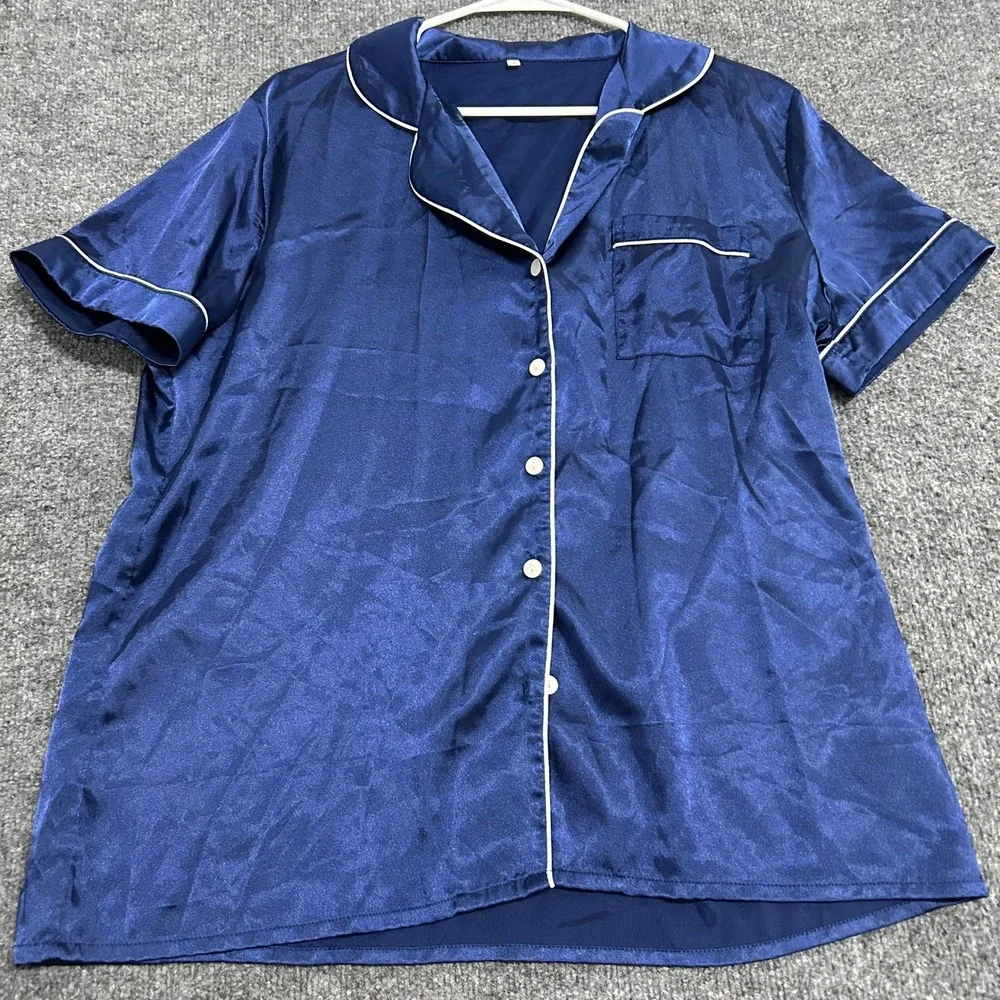 Unbranded Pajama Top Womens Size L Navy Blue Satin Short Sleeve Button Up Sleep